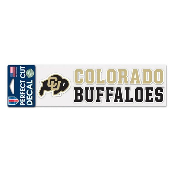 CU Boulder die-cut decal featuring black and gold buffalo logo with white outline and “Colorado Buffaloes” text in gold and black, size 9.25 x 2.5 inches.